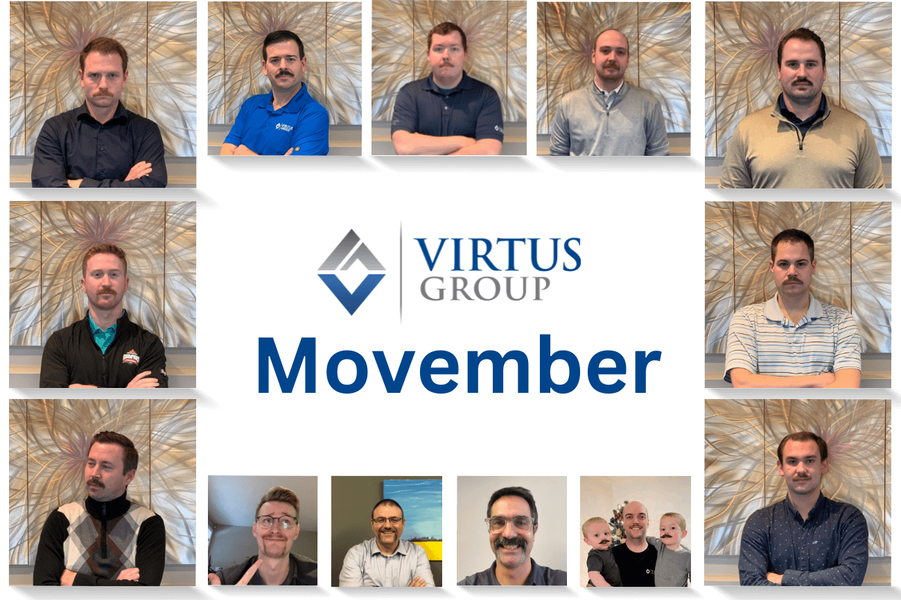13 Virtus male employees with moustaches standing with a colourful background - Virtus Group Movember initiative